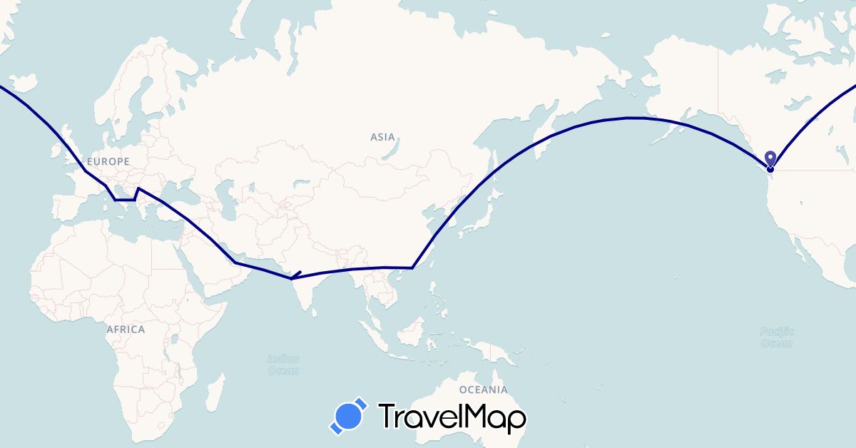 TravelMap itinerary: driving in United Arab Emirates, Canada, China, France, India, Italy, Montenegro, Serbia (Asia, Europe, North America)